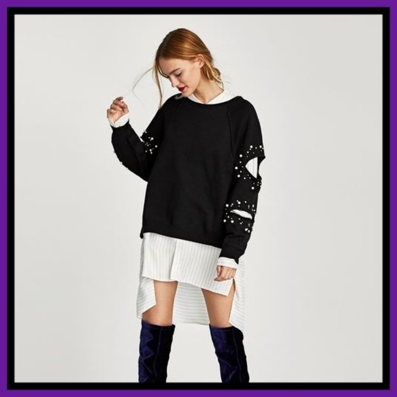 Zara Tops - NWT Zara Sweater w/ Slits and Faux Pearls